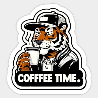 tiger drink cup of coffee with text coffee time Sticker